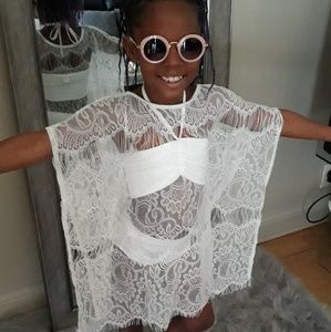 Kid girls 3 piece bikini plus lace cover up